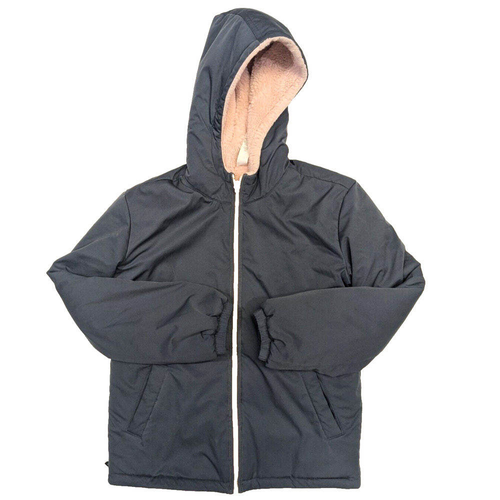 Athleta Girl Coat Size 12 Large Hooded reversible Fleece Lined Gray Zip